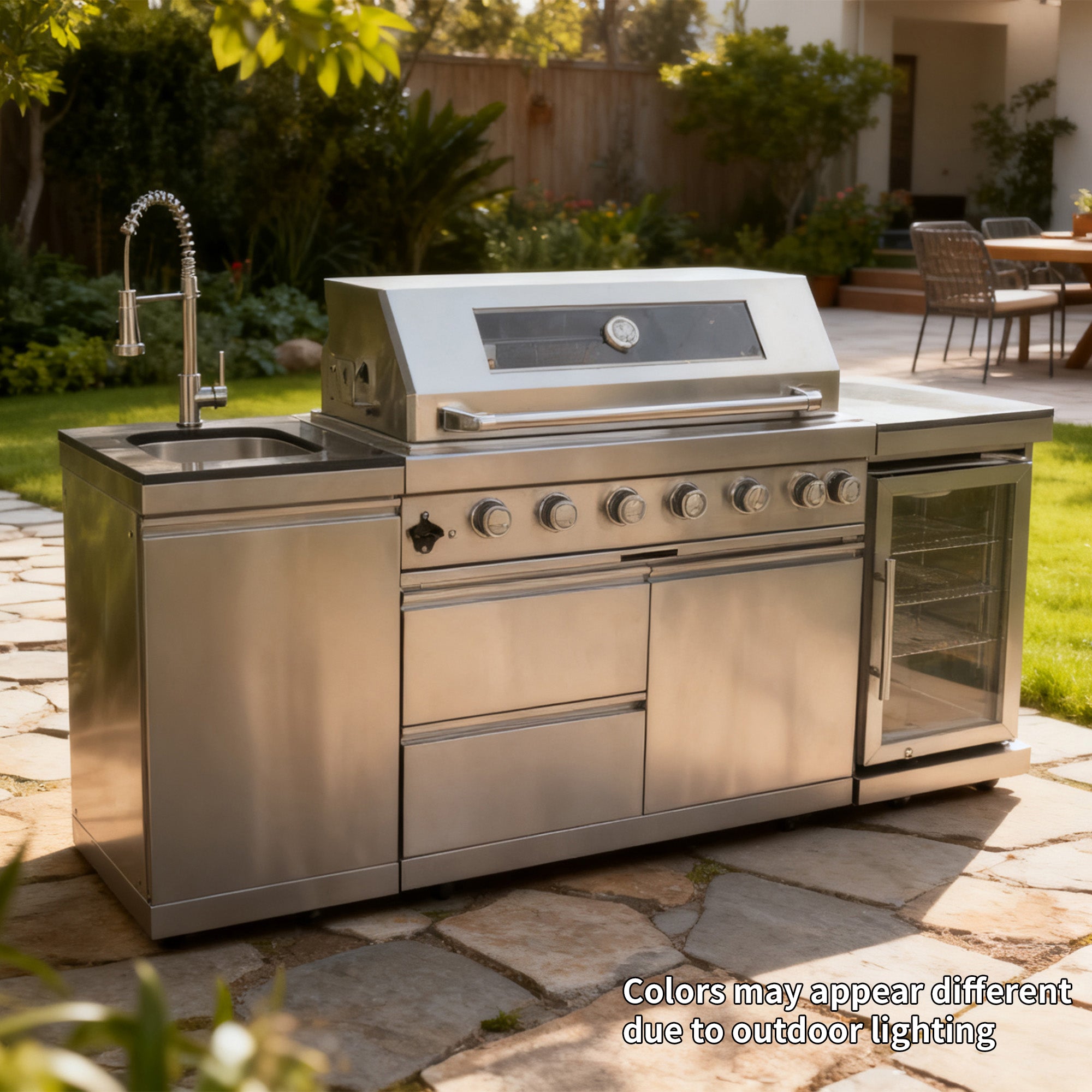 44-Inch 6-Burner 85000 BTU Deluxe Stainless Steel Gas Outdoor Kitchen Bar Barbecue Island Grill + Wine Cooler Compact Refrigerator + Rotisserie + Granite Countertops + Storage Cabinets & Drawers