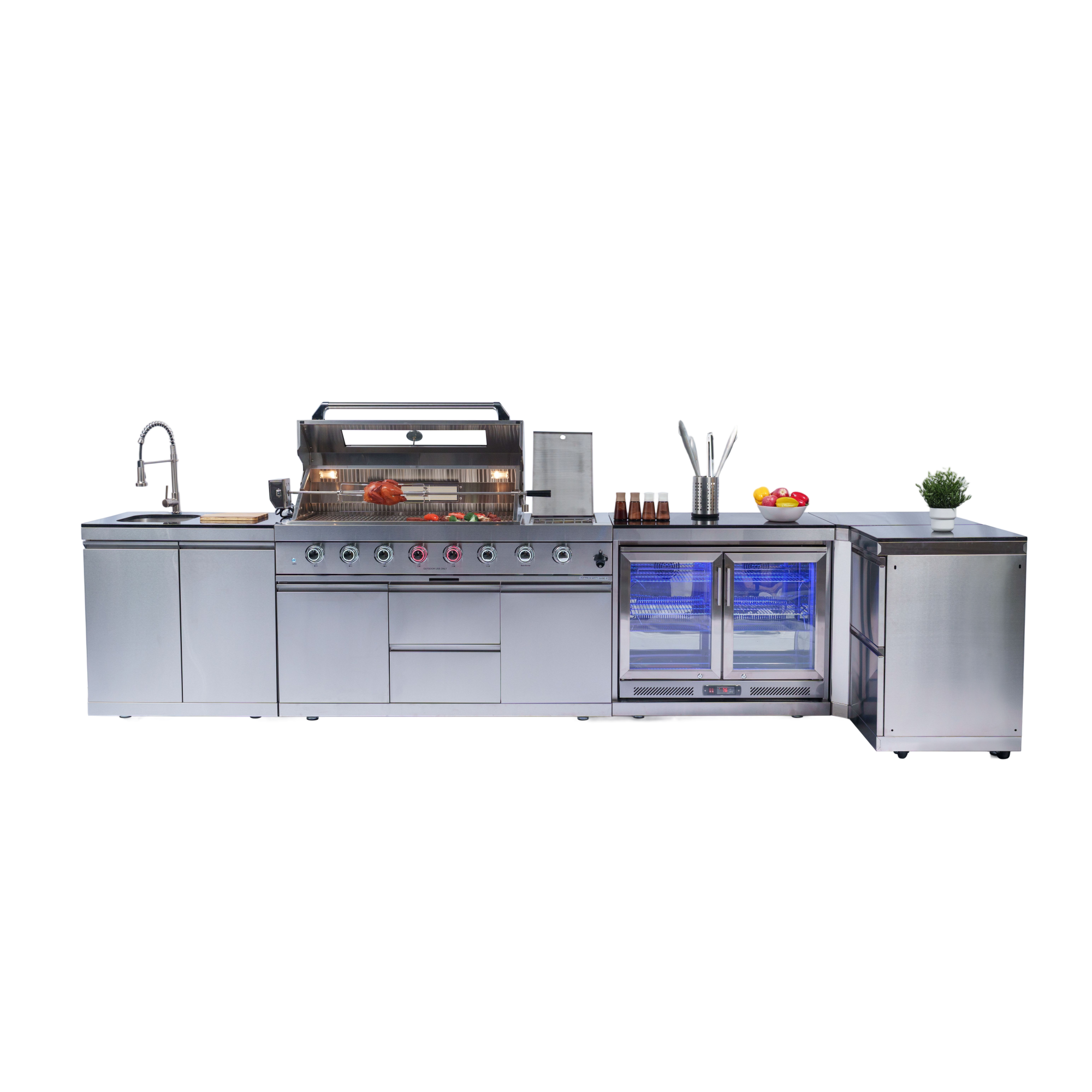 62-Inch 6-Burner 96000 BTU Deluxe Stainless Steel Gas Outdoor Kitchen Bar Barbecue Island Grill + Wine Cooler Compact Refrigerator + Rotisserie + Granite Countertops + Storage Cabinets & Drawers