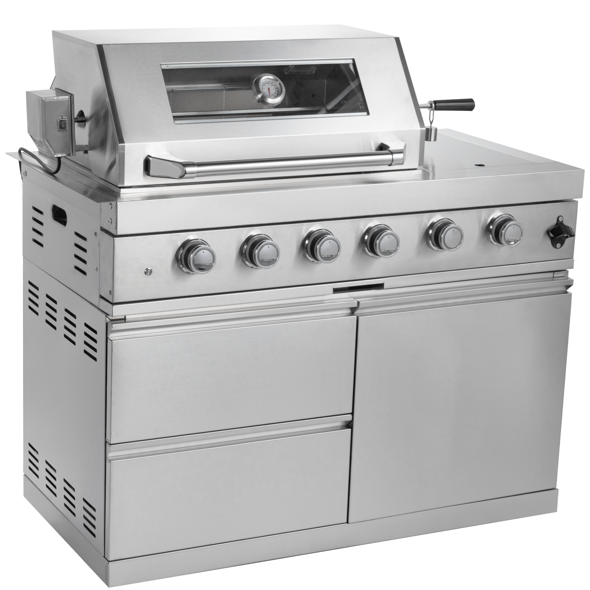 98-inch island with 46-Inch 4-Burner 72000 BTU Deluxe Stainless Steel Gas Outdoor Kitchen Bar Barbecue Island Grill + Wine Cooler Compact Refrigerator + Rotisserie + Granite Countertops + Storage Cabinets & Drawers