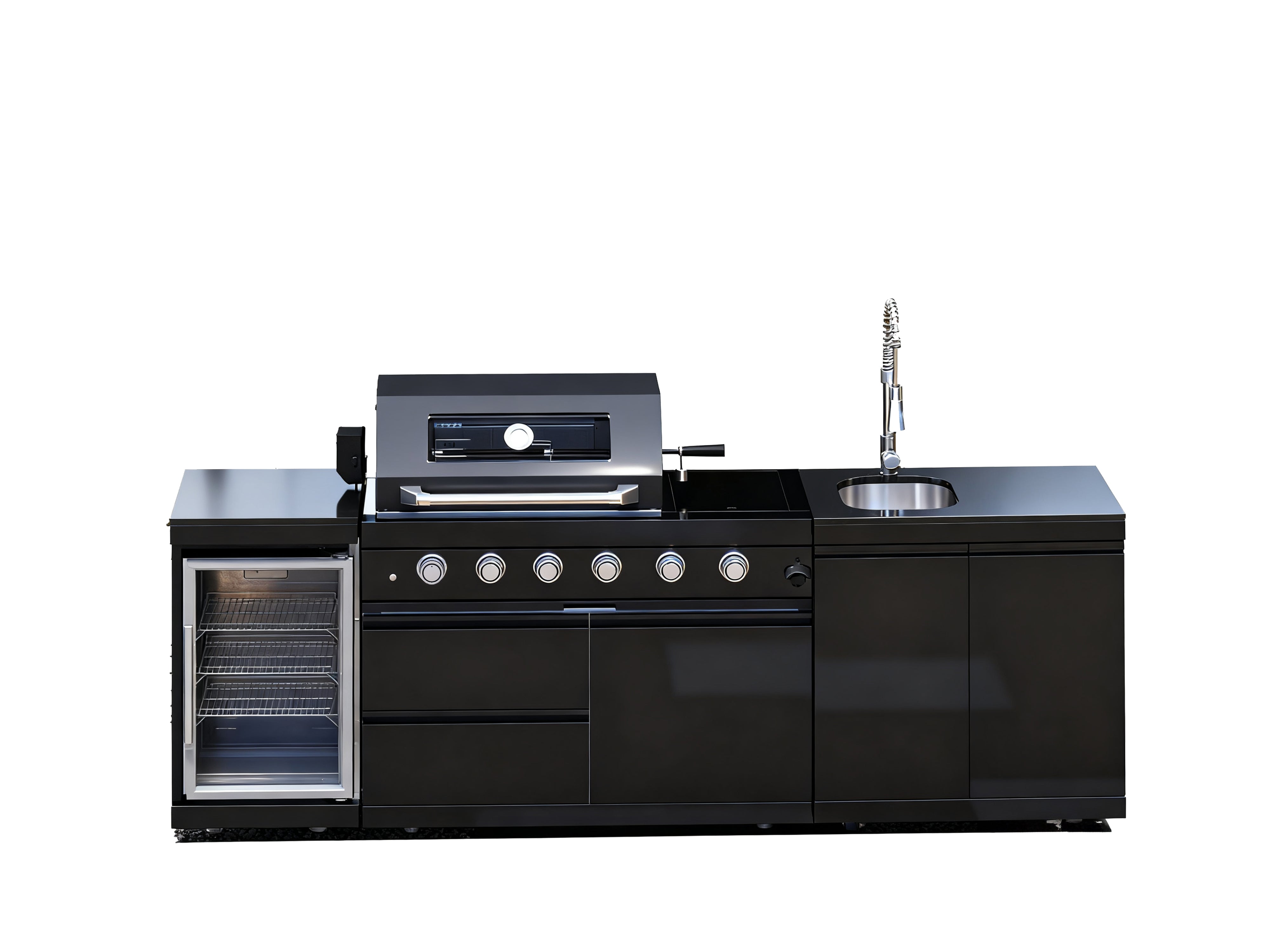 98-inch island with: 46-Inch 4-Burner 72000 BTU Deluxe Stainless Steel Gas Outdoor Kitchen Bar Barbecue Island Grill + Wine Cooler Compact Refrigerator + Rotisserie kit + Granite Countertops + Stainless steel Sink