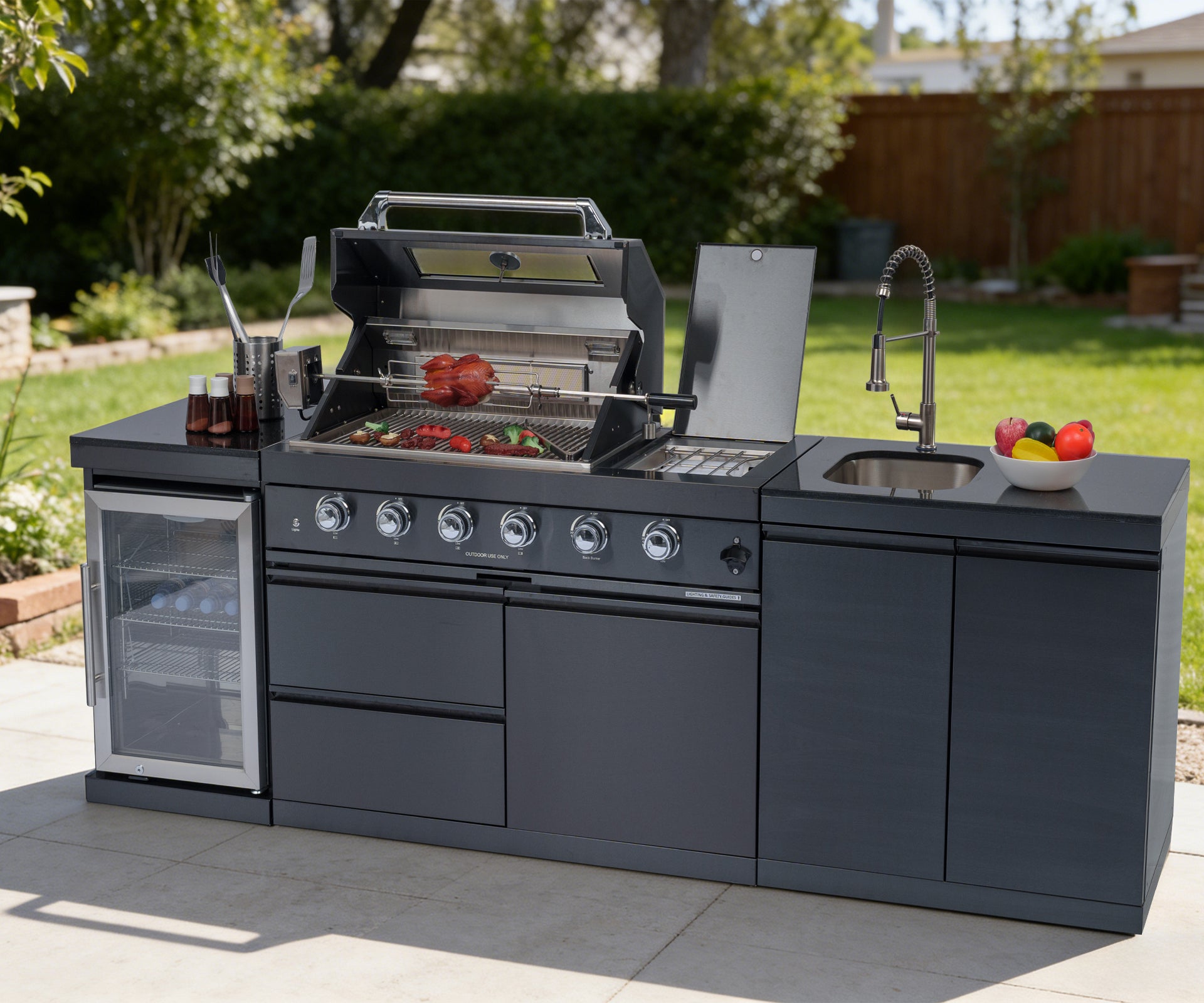 98-inch island with: 46-Inch 4-Burner 72000 BTU Deluxe Stainless Steel Gas Outdoor Kitchen Bar Barbecue Island Grill + Wine Cooler Compact Refrigerator + Rotisserie kit + Granite Countertops + Stainless steel Sink