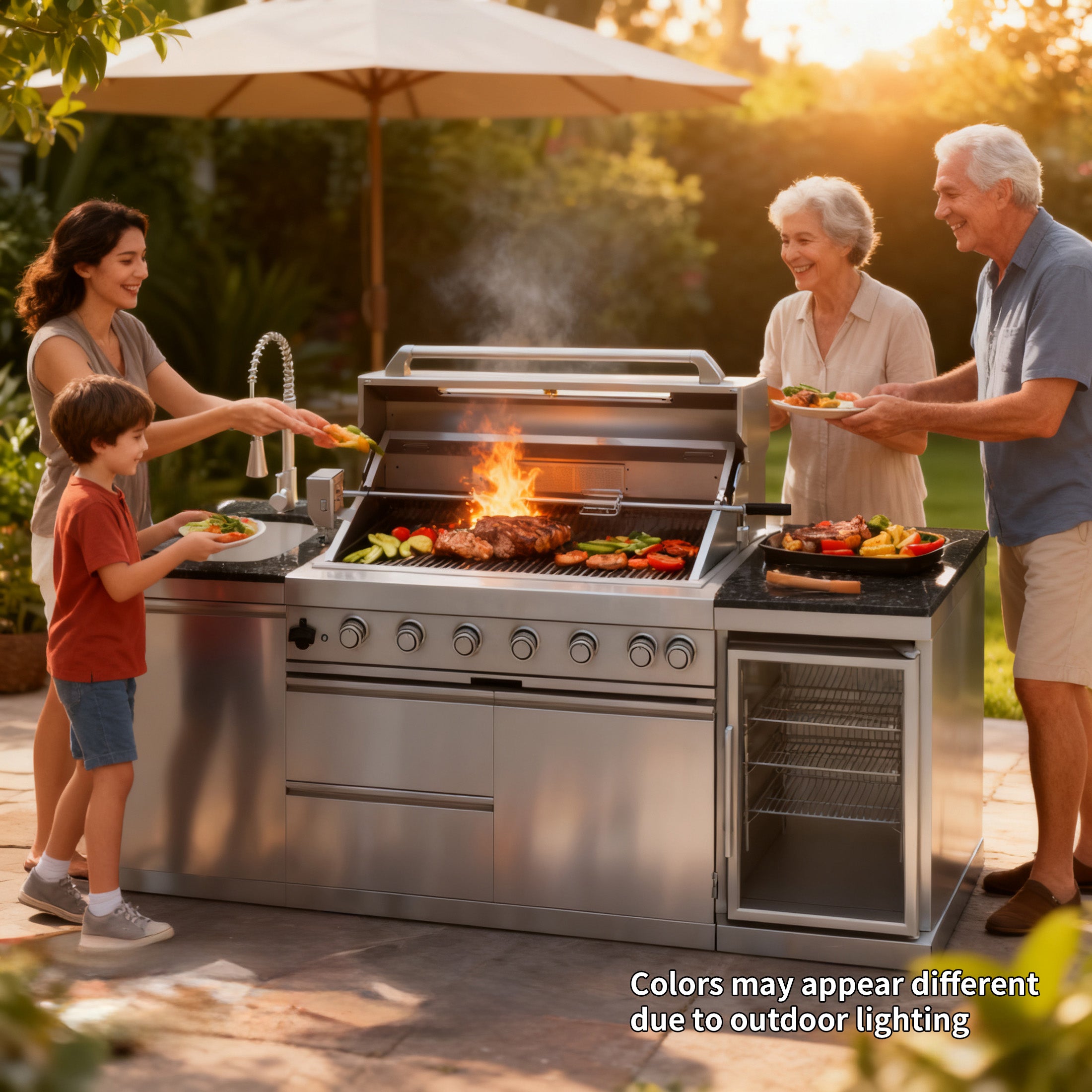 44-Inch 6-Burner 85000 BTU Deluxe Stainless Steel Gas Outdoor Kitchen Bar Barbecue Island Grill + Wine Cooler Compact Refrigerator + Rotisserie + Granite Countertops + Storage Cabinets & Drawers