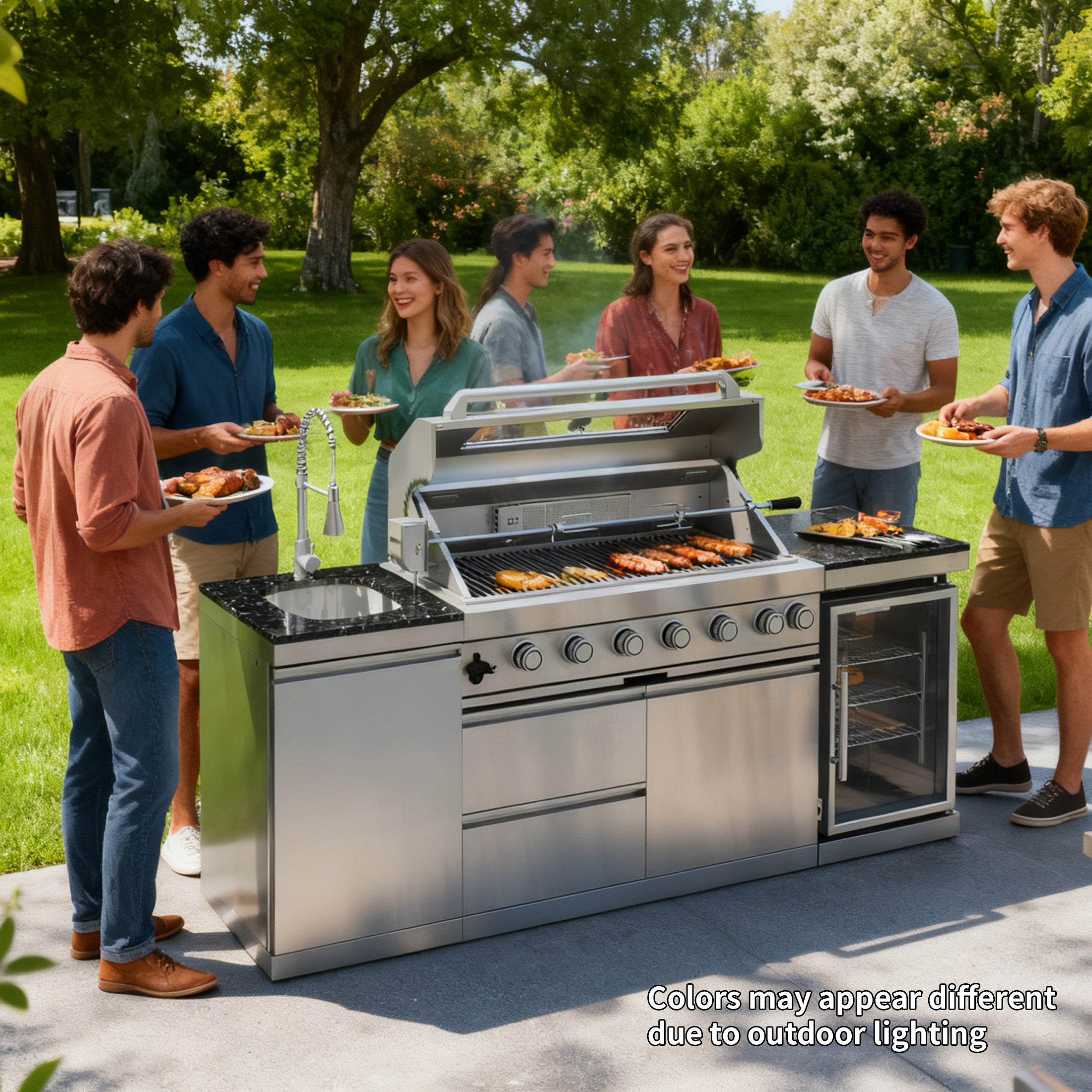 44-Inch 6-Burner 85000 BTU Deluxe Stainless Steel Gas Outdoor Kitchen Bar Barbecue Island Grill + Wine Cooler Compact Refrigerator + Rotisserie + Granite Countertops + Storage Cabinets & Drawers