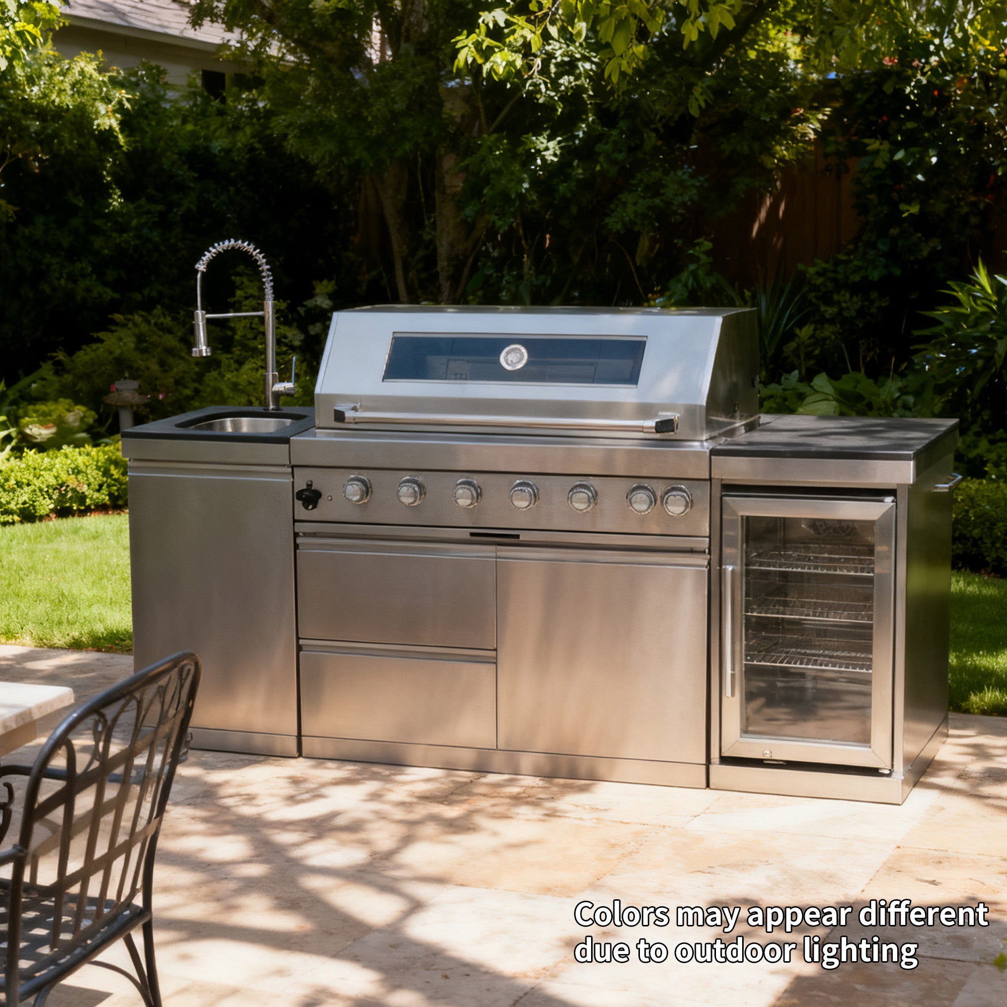 44-Inch 6-Burner 85000 BTU Deluxe Stainless Steel Gas Outdoor Kitchen Bar Barbecue Island Grill + Wine Cooler Compact Refrigerator + Rotisserie + Granite Countertops + Storage Cabinets & Drawers