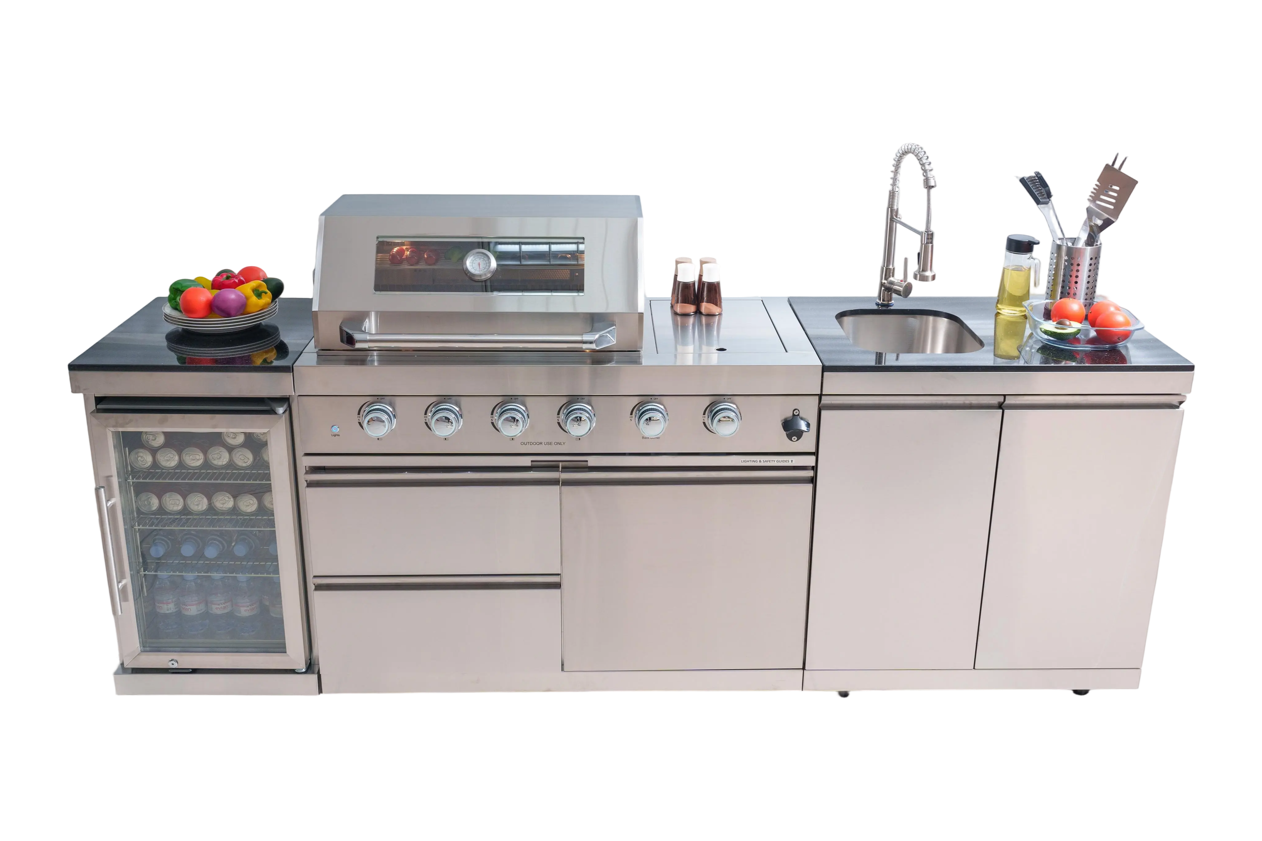 98-inch island with 46-Inch 4-Burner 72000 BTU Deluxe Stainless Steel Gas Outdoor Kitchen Bar Barbecue Island Grill + Wine Cooler Compact Refrigerator + Rotisserie + Granite Countertops + Storage Cabinets & Drawers