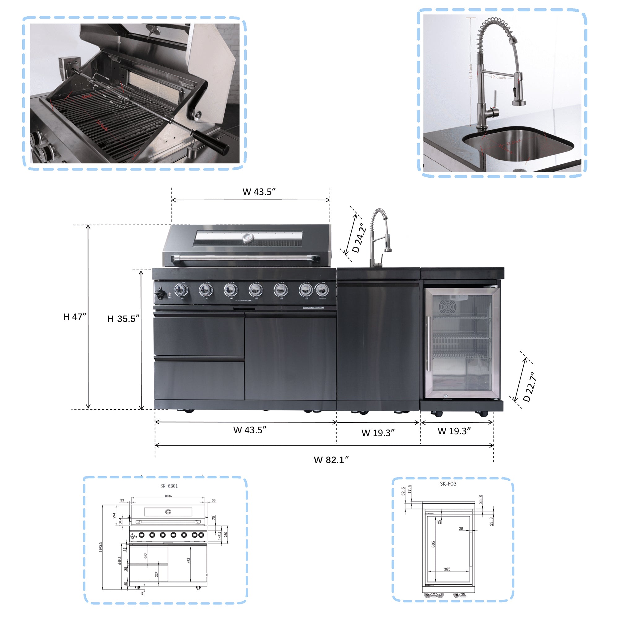 43-Inch 6-Burner 85000 BTU Deluxe Stainless Steel Gas Outdoor Kitchen Bar Barbecue Island Grill + Wine Cooler Compact Refrigerator + Rotisserie kit + Granite Countertops + Stainless steel Sink