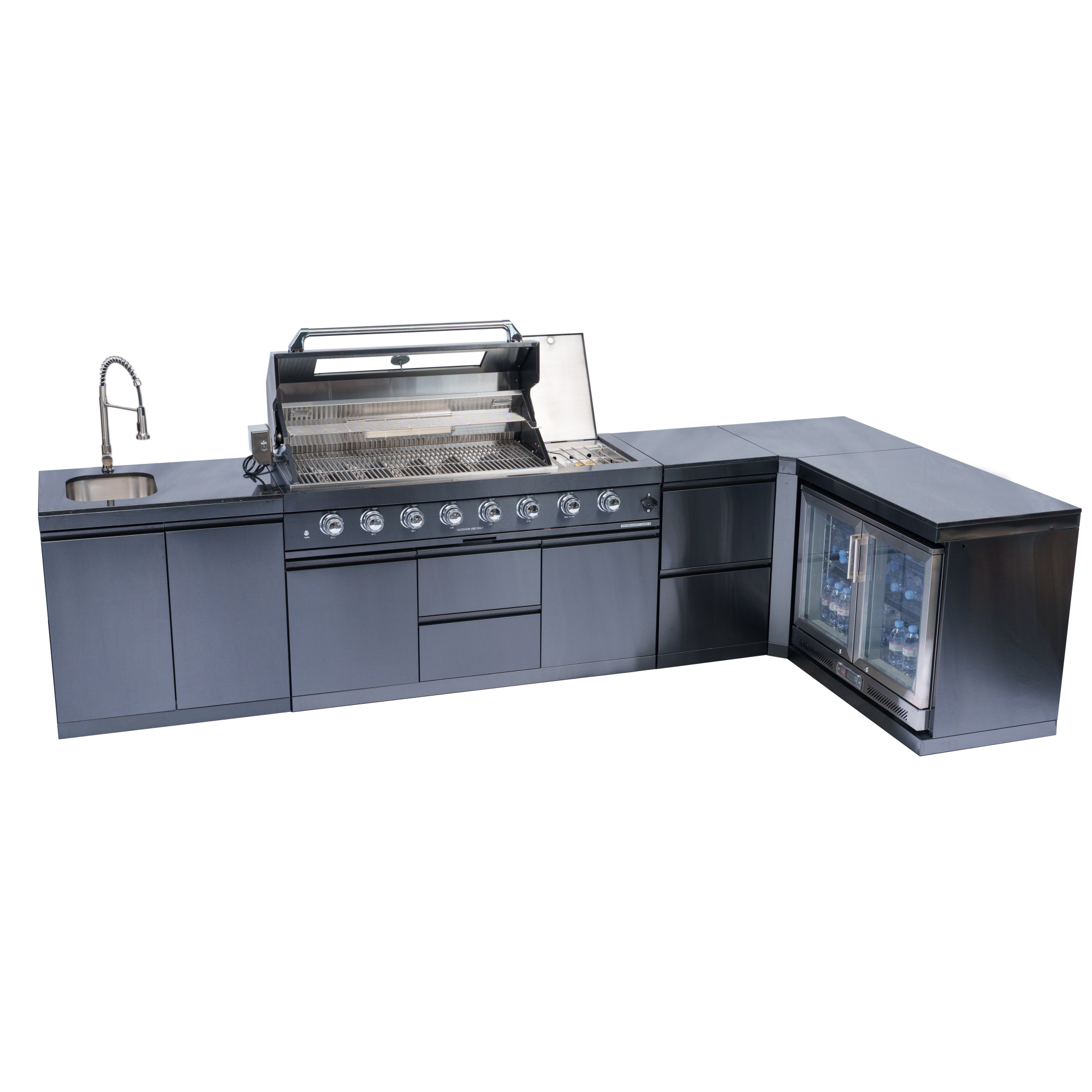 157-inch island with: 62-Inch 6-Burner 96000 BTU Deluxe Stainless Steel Gas Outdoor Kitchen Bar Barbecue Island Grill + Wine Cooler Compact Refrigerator + Rotisserie + Granite Countertops + Storage Cabinets & Drawers