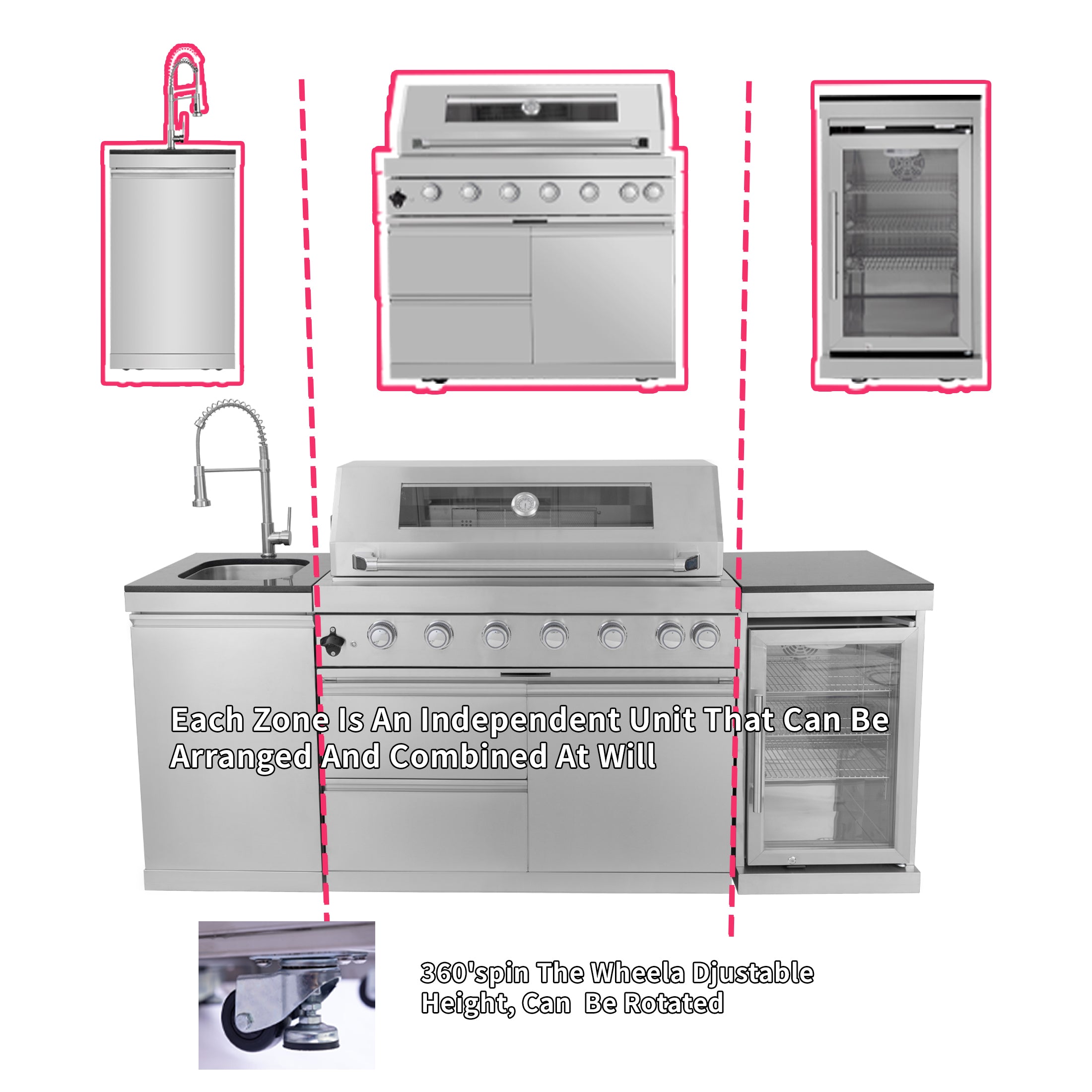 44-Inch 6-Burner 85000 BTU Deluxe Stainless Steel Gas Outdoor Kitchen Bar Barbecue Island Grill + Wine Cooler Compact Refrigerator + Rotisserie + Granite Countertops + Storage Cabinets & Drawers