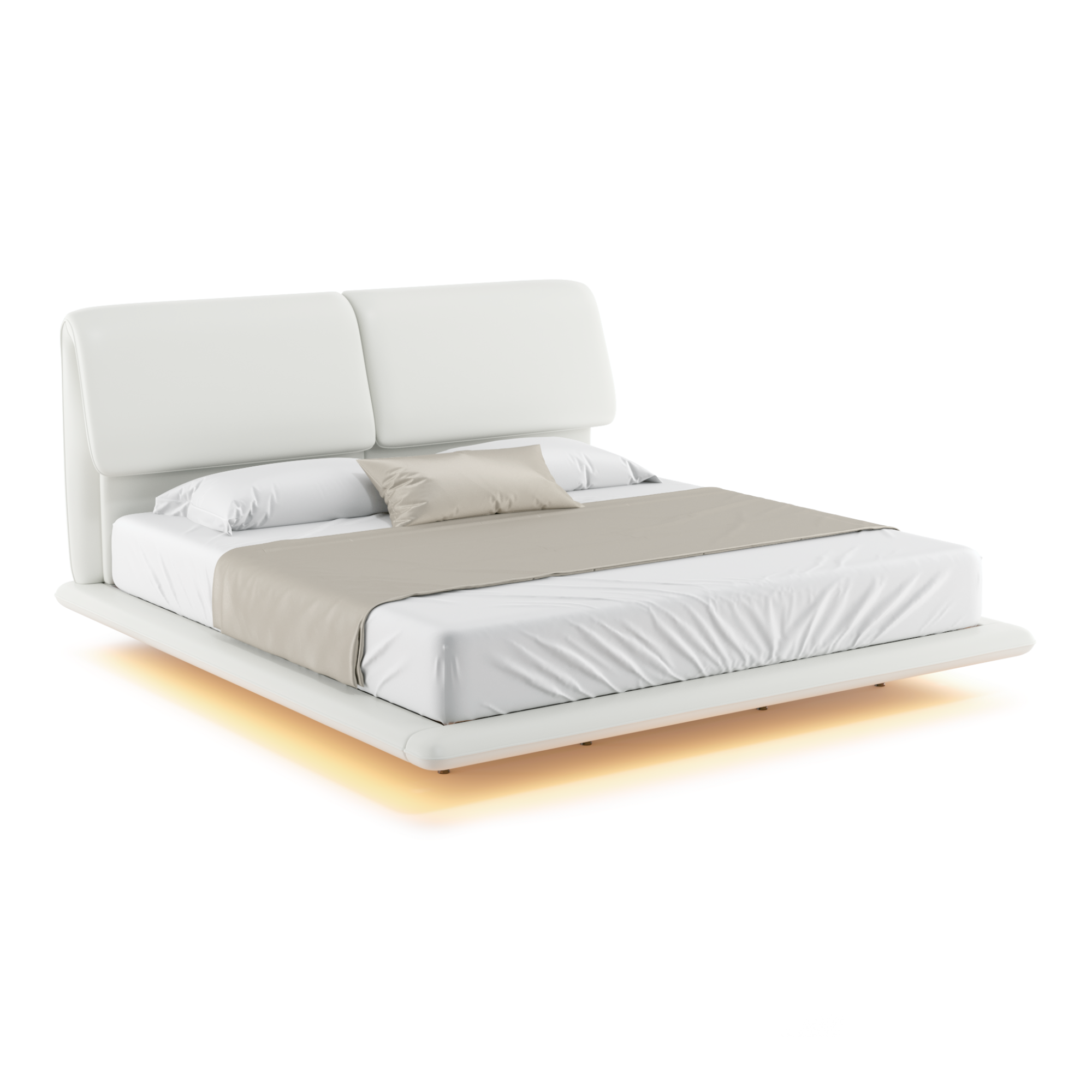 Object A170 Floating LED Bed Frame in Ivory White Top Grain Genuine Leather