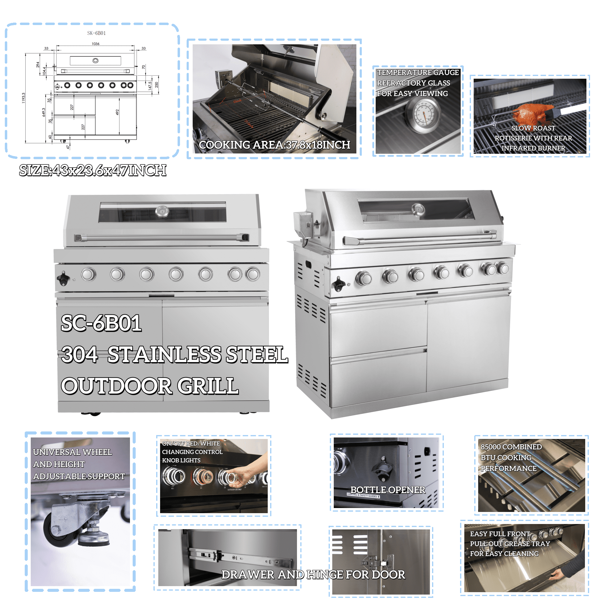44-Inch 6-Burner 85000 BTU Deluxe Stainless Steel Gas Outdoor Kitchen Bar Barbecue Island Grill + Wine Cooler Compact Refrigerator + Rotisserie + Granite Countertops + Storage Cabinets & Drawers