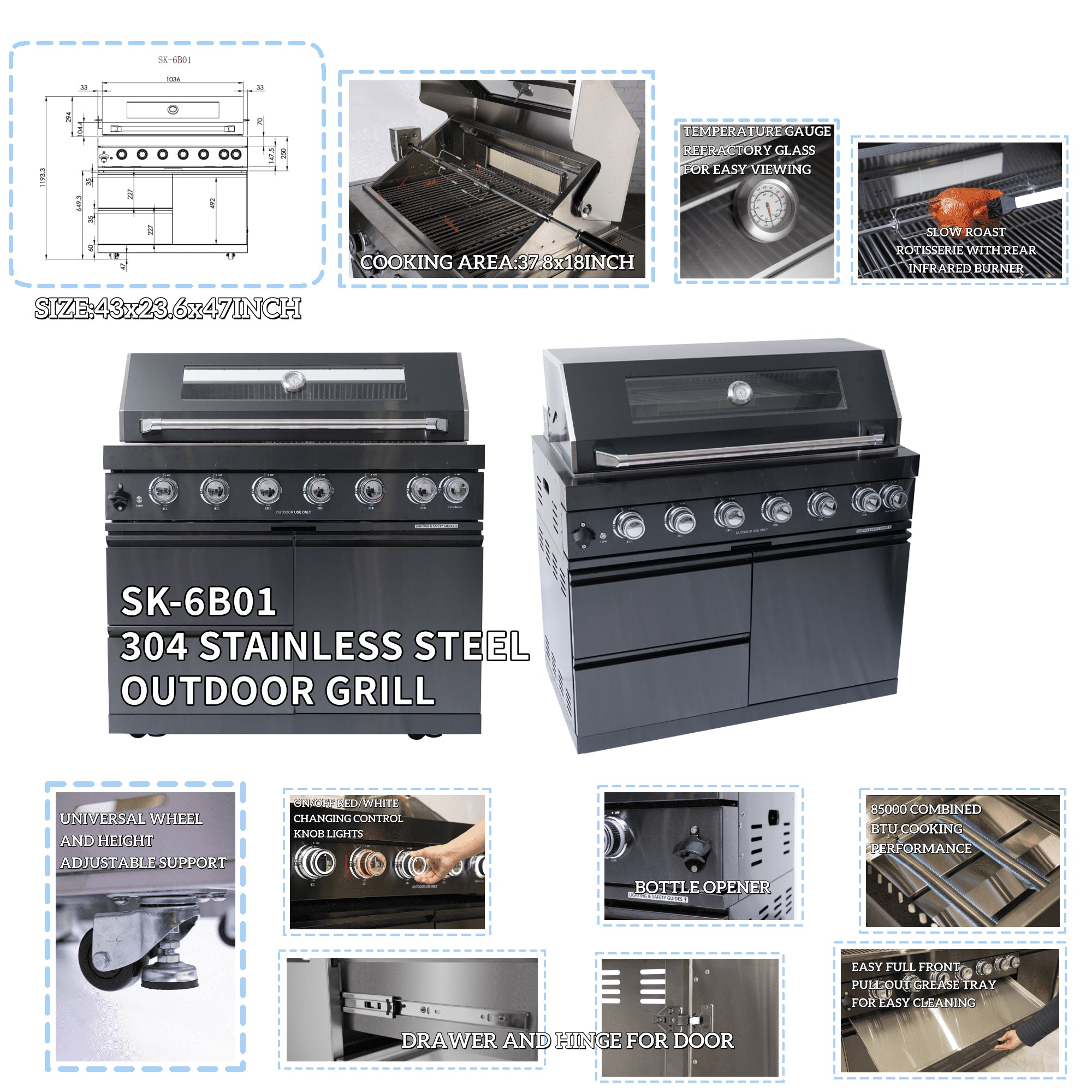 43-Inch 6-Burner 85000 BTU Deluxe Stainless Steel Gas Outdoor Kitchen Bar Barbecue Island Grill + Wine Cooler Compact Refrigerator + Rotisserie kit + Granite Countertops + Stainless steel Sink