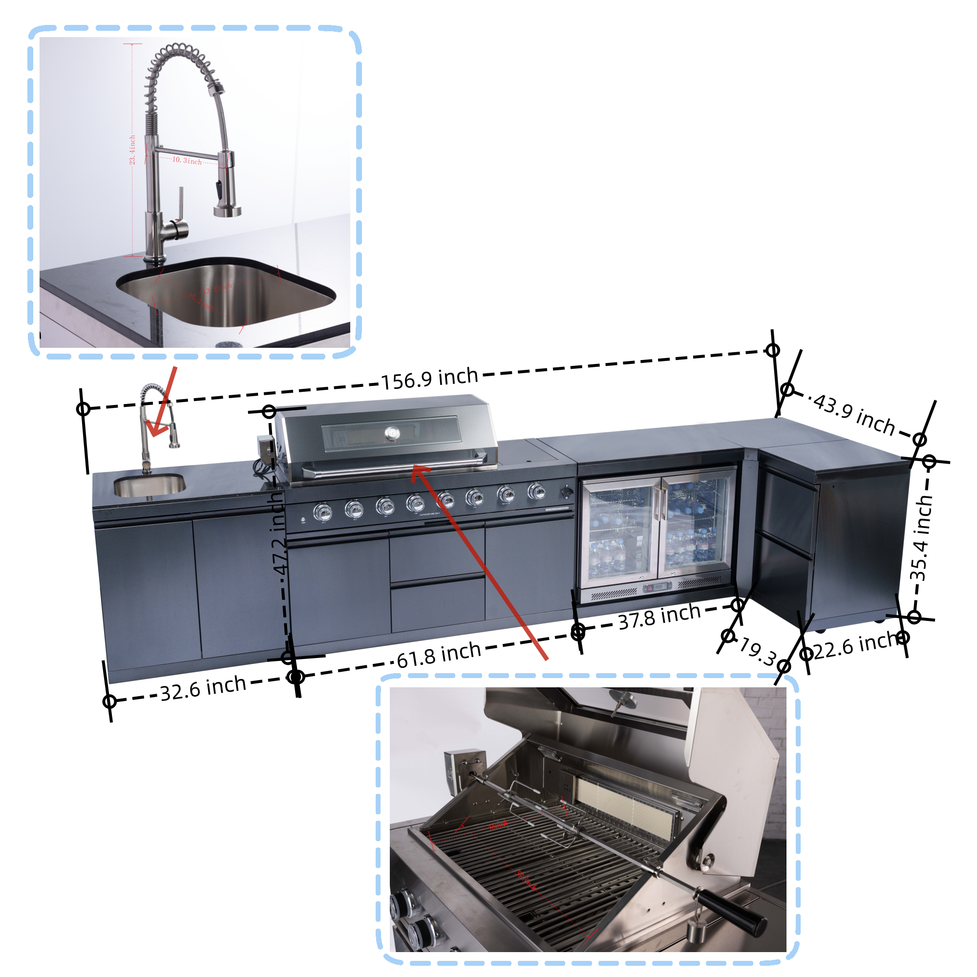 157-inch island with: 62-Inch 6-Burner 96000 BTU Deluxe Stainless Steel Gas Outdoor Kitchen Bar Barbecue Island Grill + Wine Cooler Compact Refrigerator + Rotisserie + Granite Countertops + Storage Cabinets & Drawers