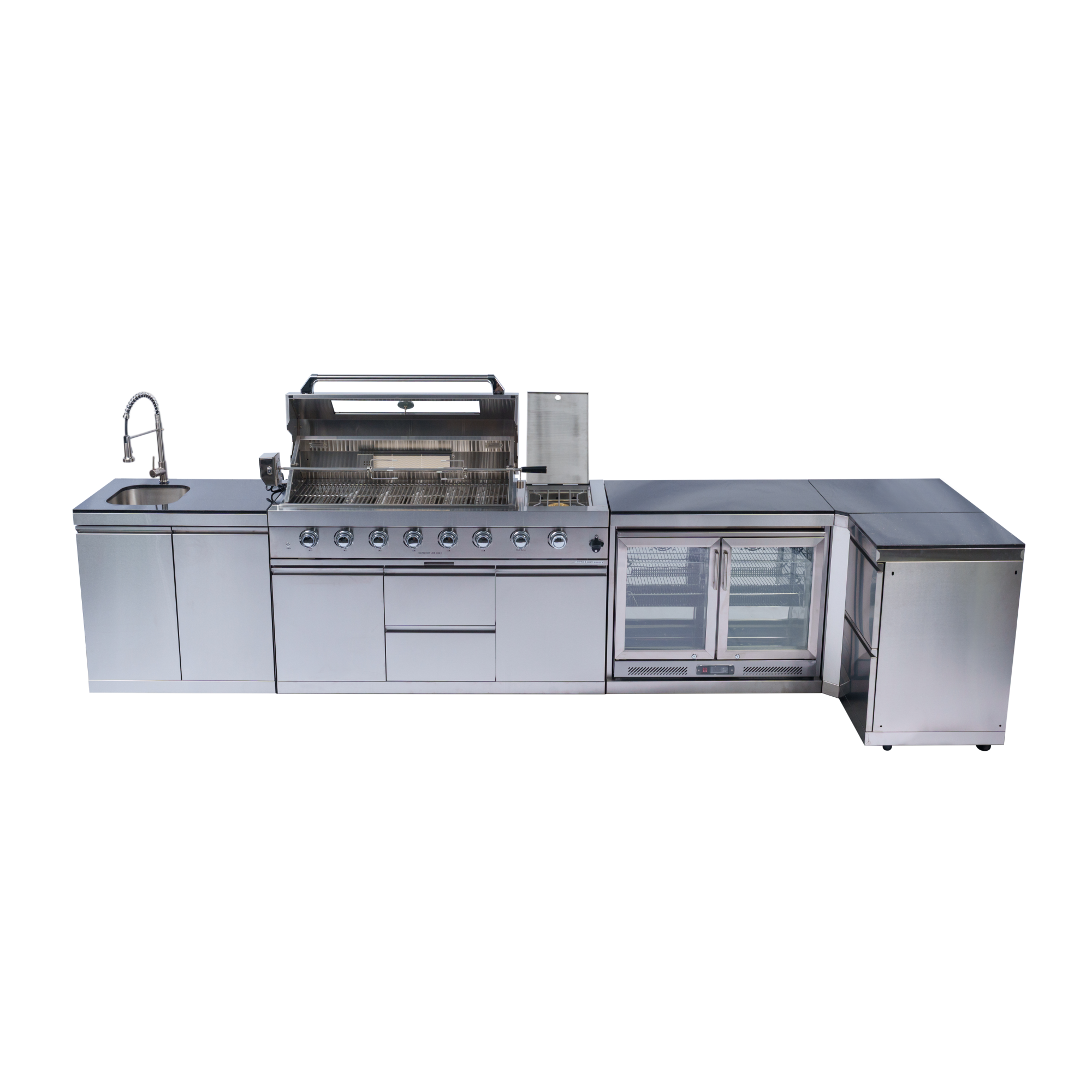 62-Inch 6-Burner 96000 BTU Deluxe Stainless Steel Gas Outdoor Kitchen Bar Barbecue Island Grill + Wine Cooler Compact Refrigerator + Rotisserie + Granite Countertops + Storage Cabinets & Drawers