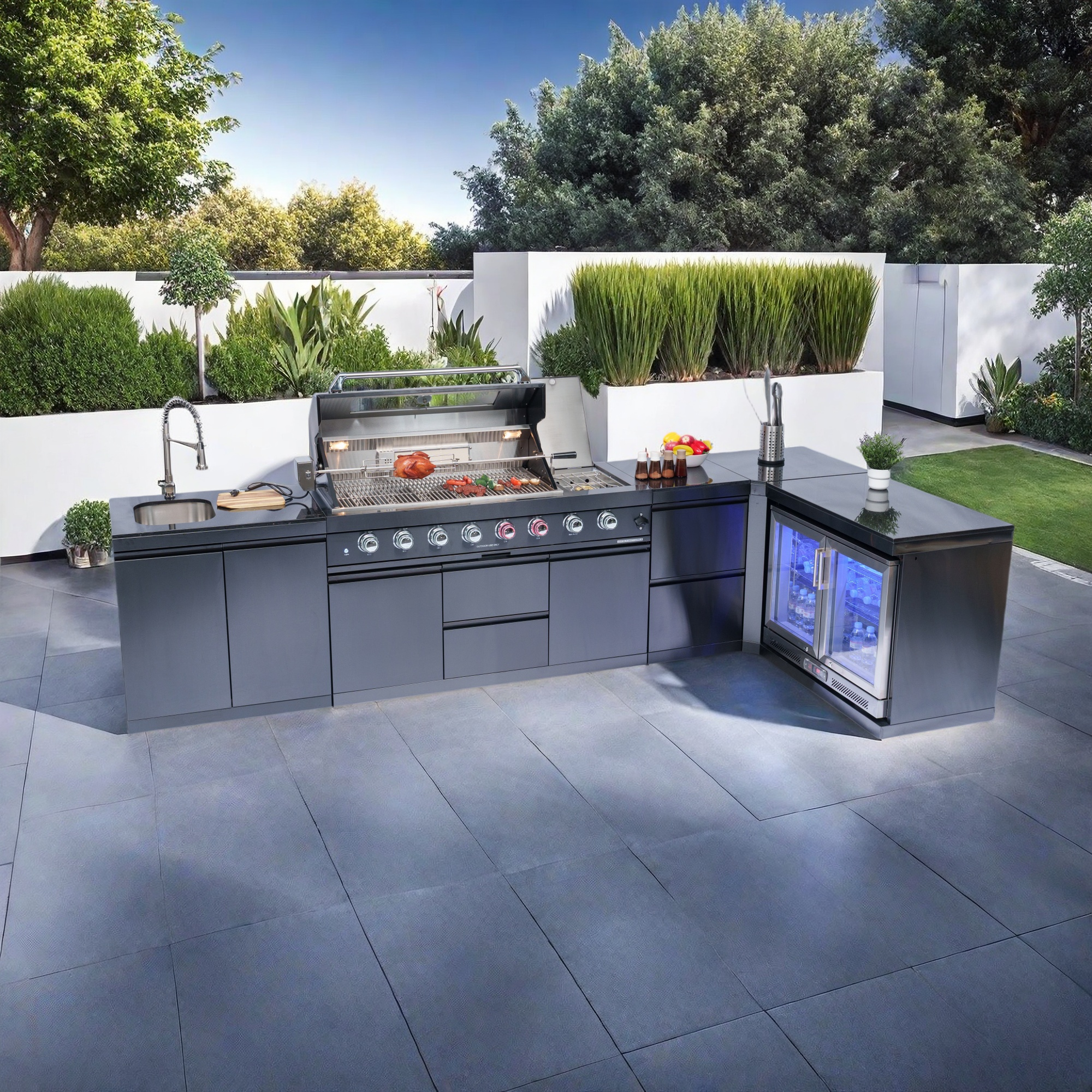 157-inch island with: 62-Inch 6-Burner 96000 BTU Deluxe Stainless Steel Gas Outdoor Kitchen Bar Barbecue Island Grill + Wine Cooler Compact Refrigerator + Rotisserie + Granite Countertops + Storage Cabinets & Drawers