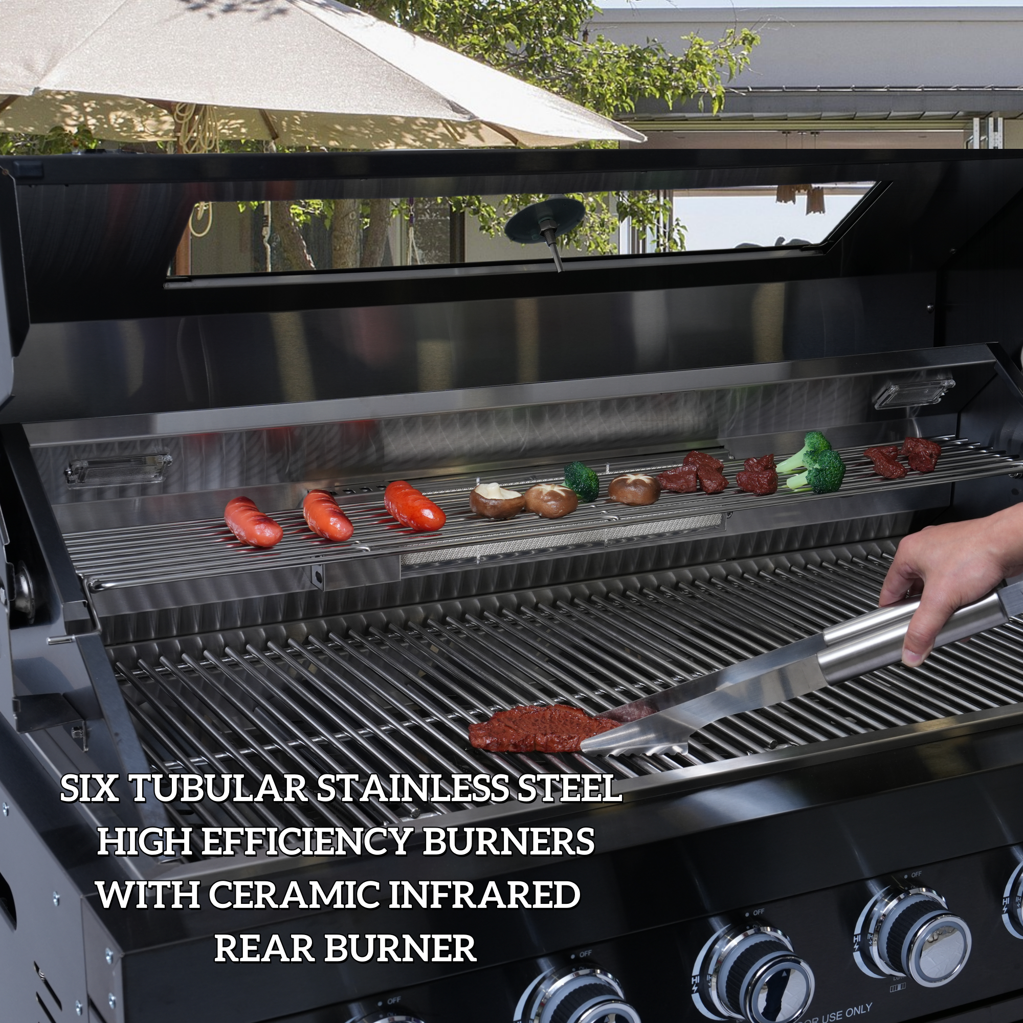 62-Inch 6-Burner 96000 BTU Deluxe Stainless Steel Gas Outdoor Kitchen Bar Barbecue Island Grill + Wine Cooler Compact Refrigerator + Rotisserie + Granite Countertops + Storage Cabinets & Drawers