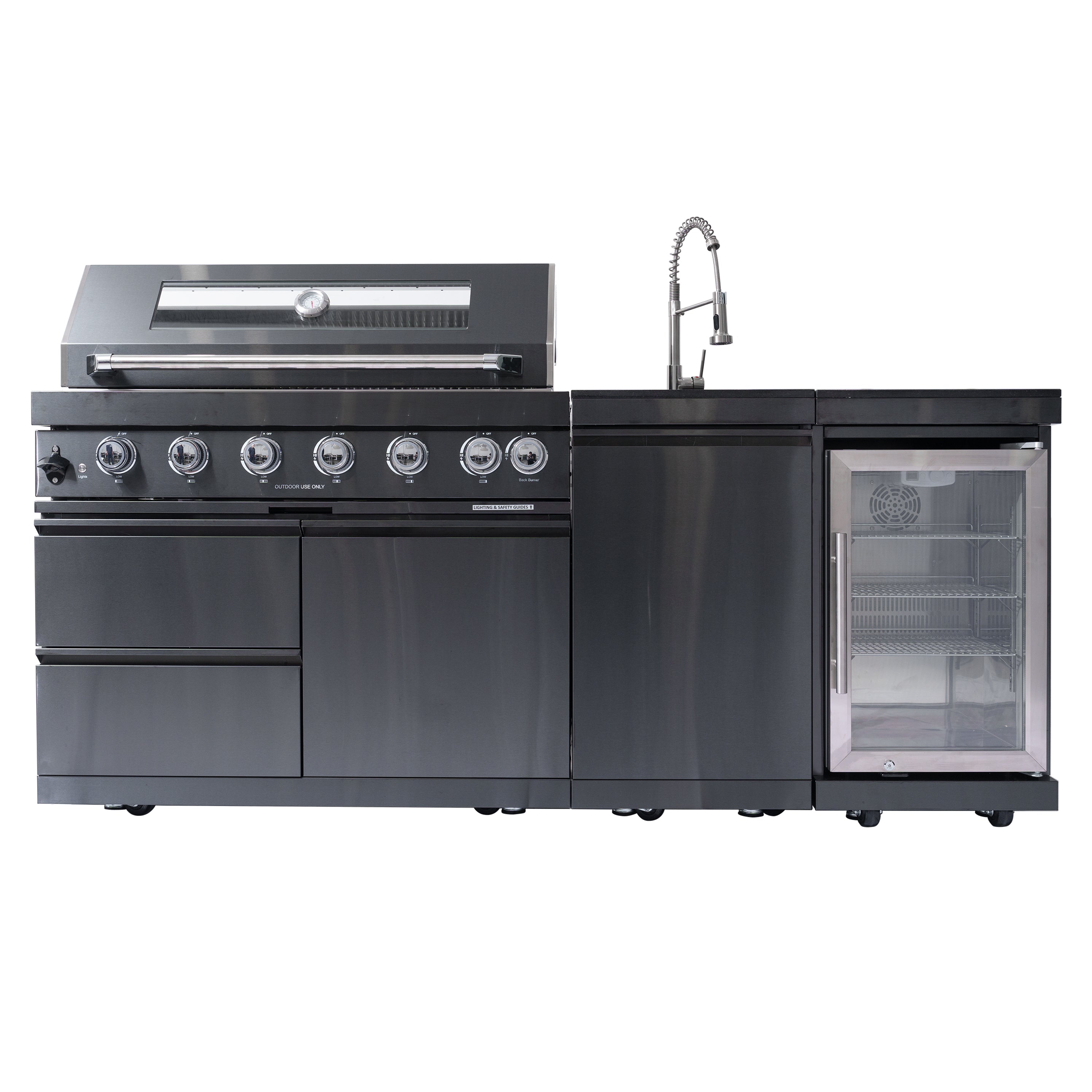 43-Inch 6-Burner 85000 BTU Deluxe Stainless Steel Gas Outdoor Kitchen Bar Barbecue Island Grill + Wine Cooler Compact Refrigerator + Rotisserie kit + Granite Countertops + Stainless steel Sink