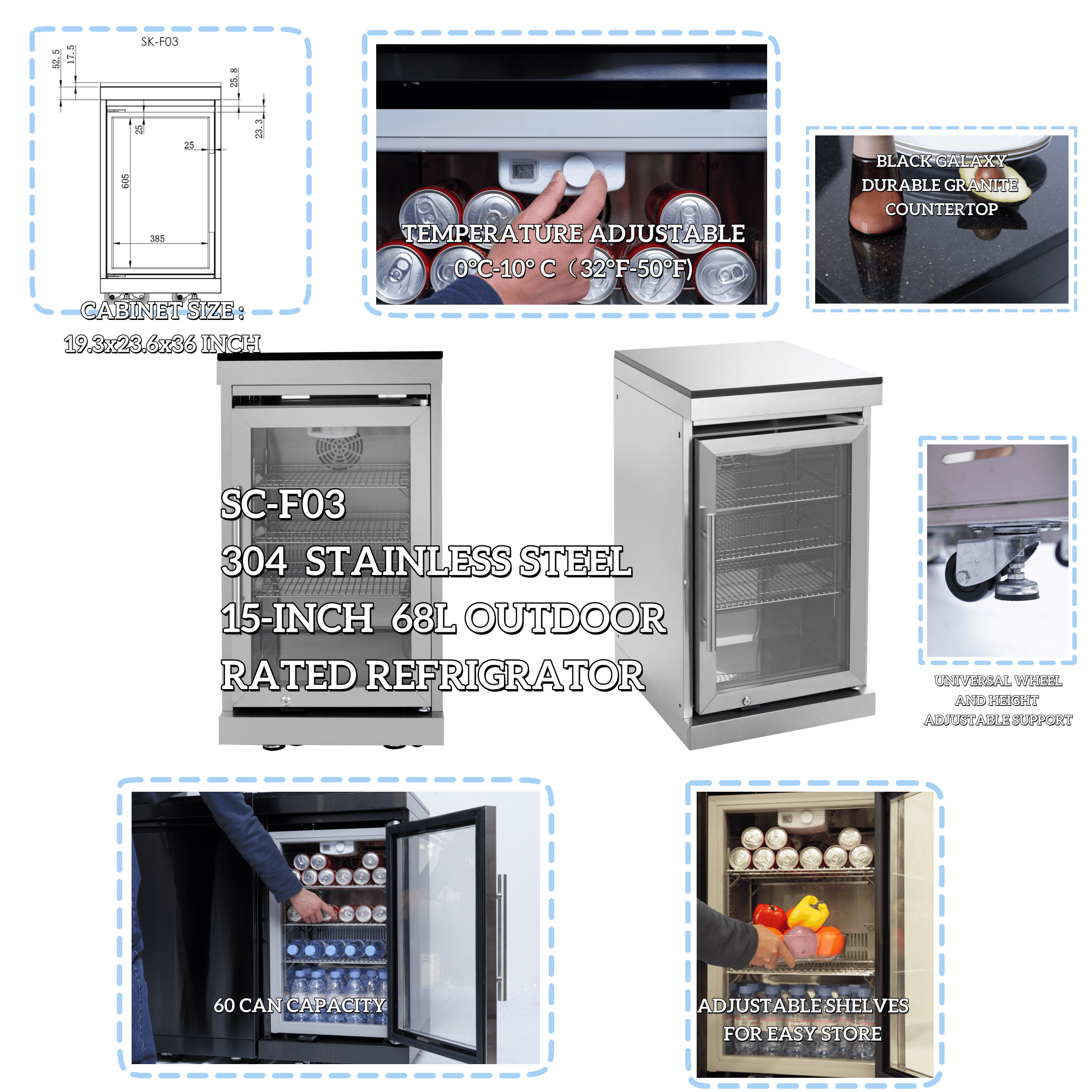 44-Inch 6-Burner 85000 BTU Deluxe Stainless Steel Gas Outdoor Kitchen Bar Barbecue Island Grill + Wine Cooler Compact Refrigerator + Rotisserie + Granite Countertops + Storage Cabinets & Drawers