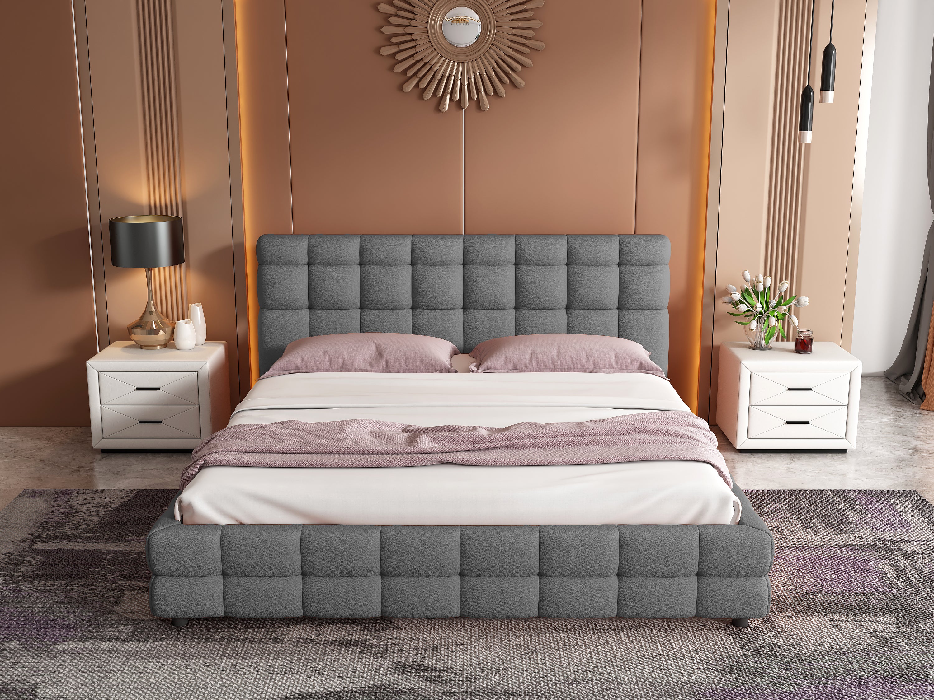 Object A158 Upholstered Bed Frame in Gray Boucle