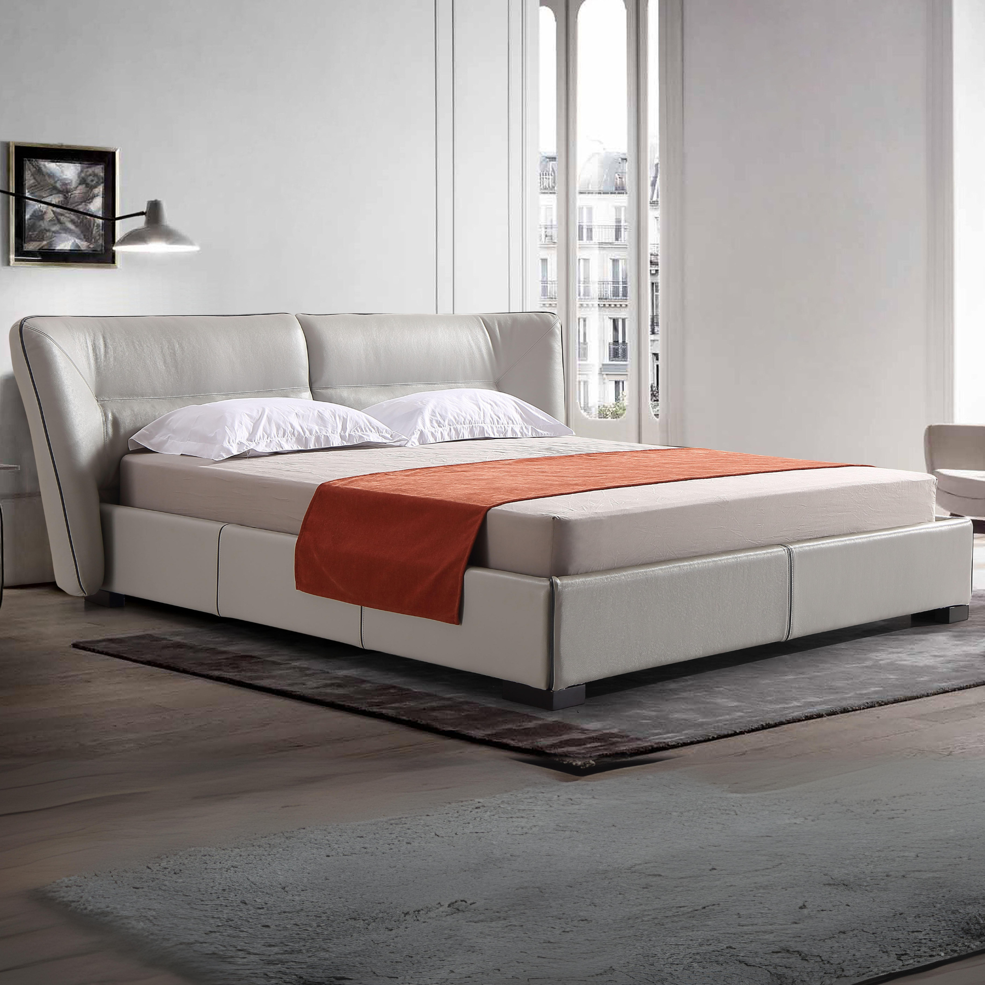 Object A146 Upholstered Bed Frame in Ivory Top Grain Genuine Leather
