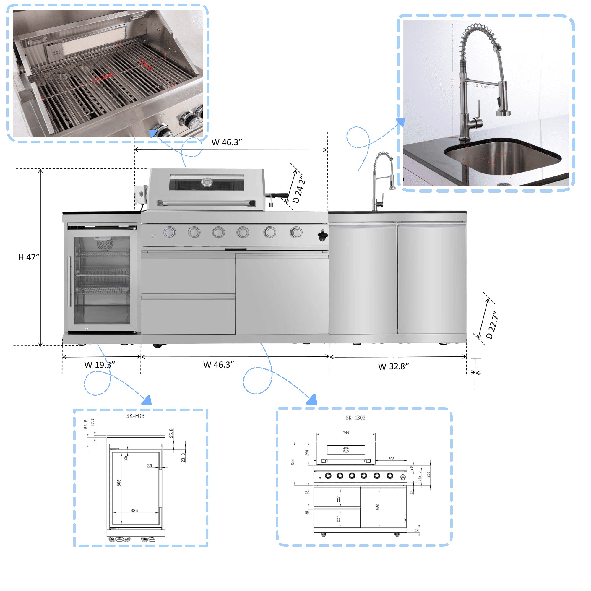98-inch island with 46-Inch 4-Burner 72000 BTU Deluxe Stainless Steel Gas Outdoor Kitchen Bar Barbecue Island Grill + Wine Cooler Compact Refrigerator + Rotisserie + Granite Countertops + Storage Cabinets & Drawers