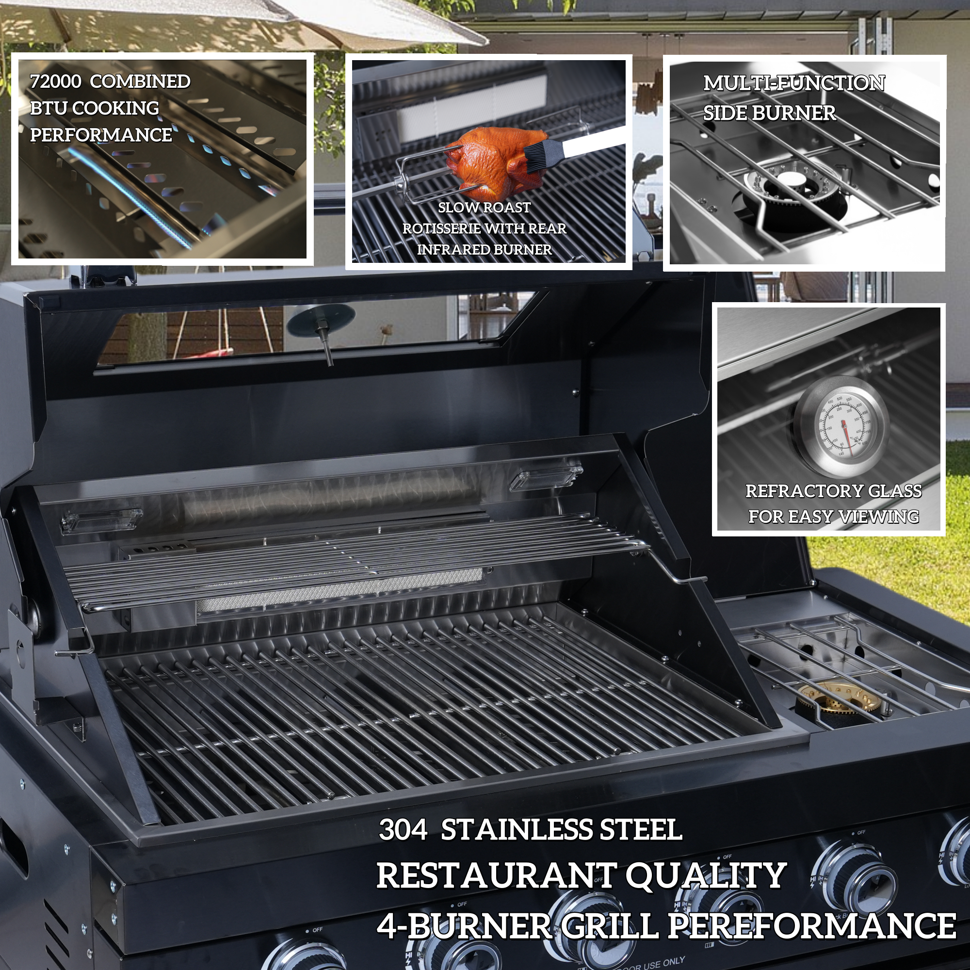 98-inch island with 46-Inch 4-Burner 72000 BTU Deluxe Stainless Steel Gas Outdoor Kitchen Bar Barbecue Island Grill + Wine Cooler Compact Refrigerator + Rotisserie + Granite Countertops + Storage Cabinets & Drawers
