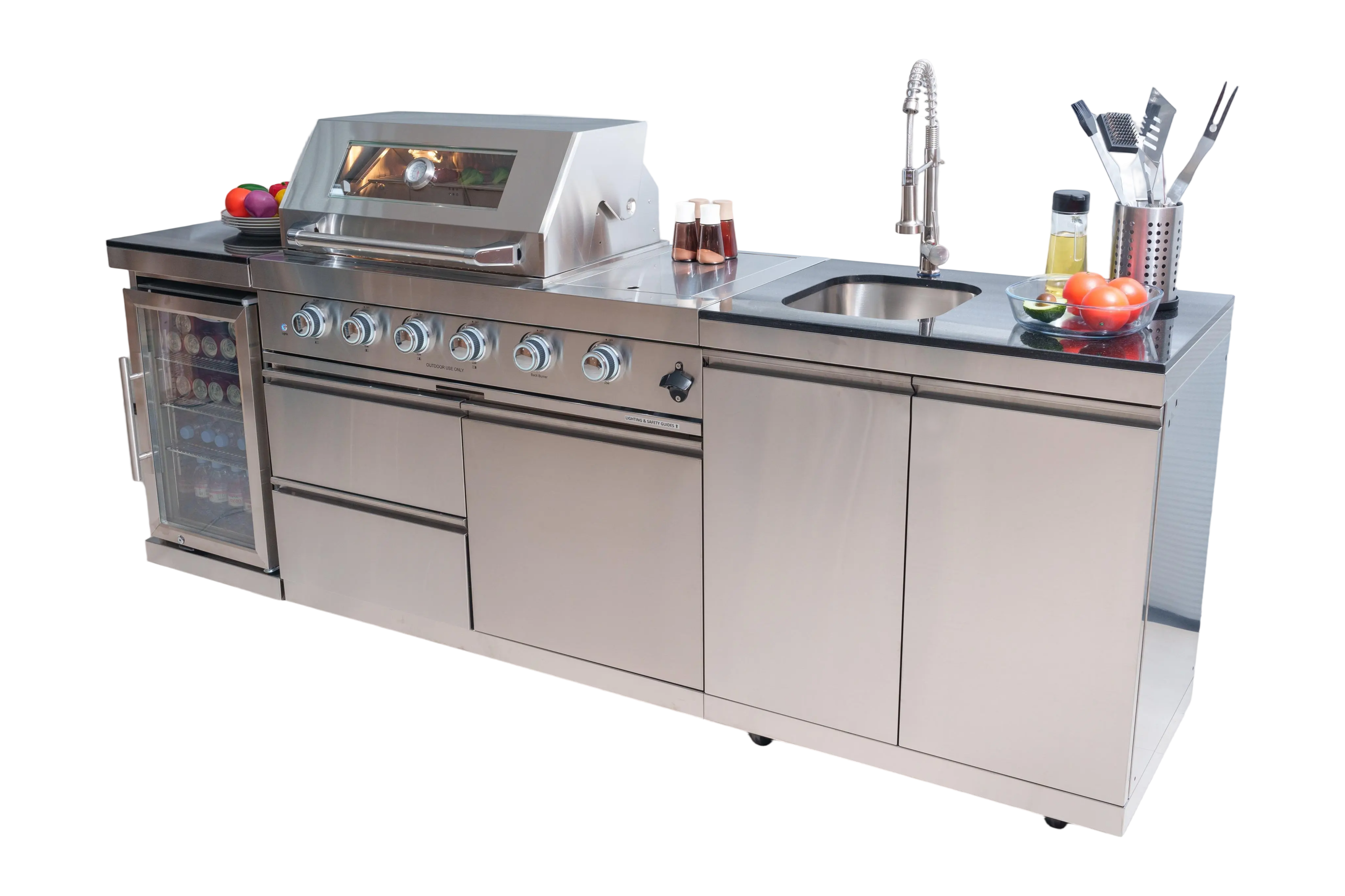 98-inch island with 46-Inch 4-Burner 72000 BTU Deluxe Stainless Steel Gas Outdoor Kitchen Bar Barbecue Island Grill + Wine Cooler Compact Refrigerator + Rotisserie + Granite Countertops + Storage Cabinets & Drawers