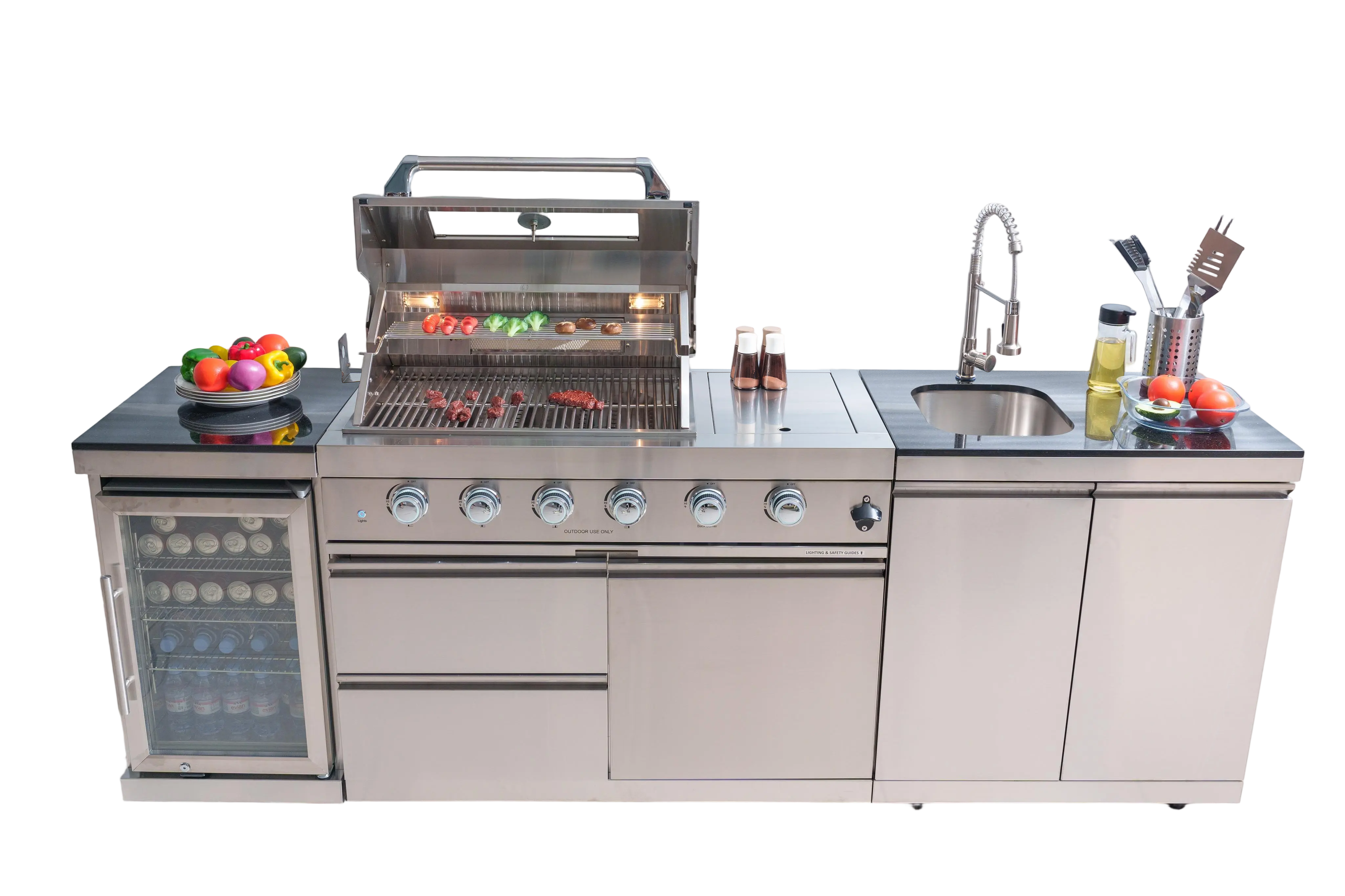 98-inch island with 46-Inch 4-Burner 72000 BTU Deluxe Stainless Steel Gas Outdoor Kitchen Bar Barbecue Island Grill + Wine Cooler Compact Refrigerator + Rotisserie + Granite Countertops + Storage Cabinets & Drawers