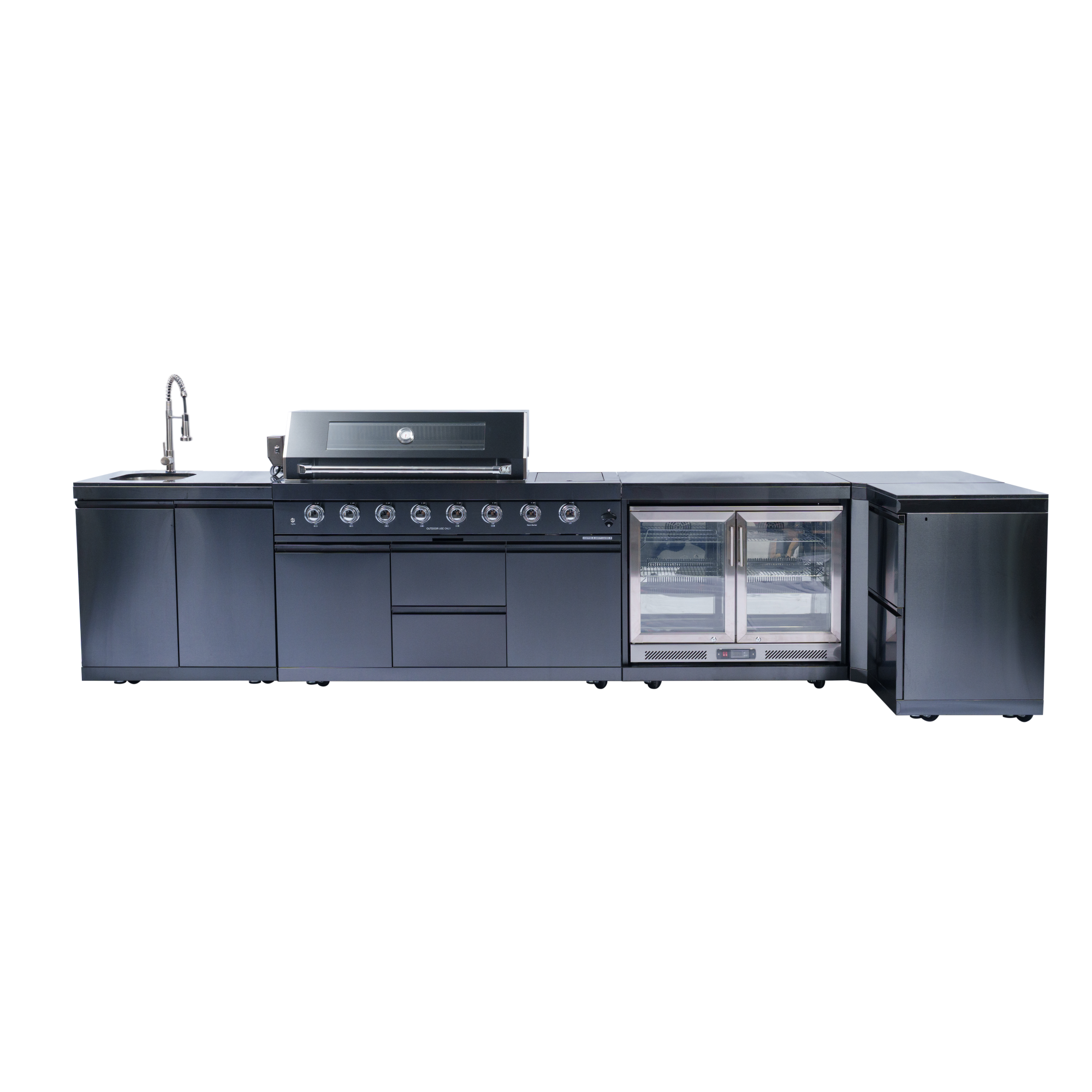 157-inch island with: 62-Inch 6-Burner 96000 BTU Deluxe Stainless Steel Gas Outdoor Kitchen Bar Barbecue Island Grill + Wine Cooler Compact Refrigerator + Rotisserie + Granite Countertops + Storage Cabinets & Drawers