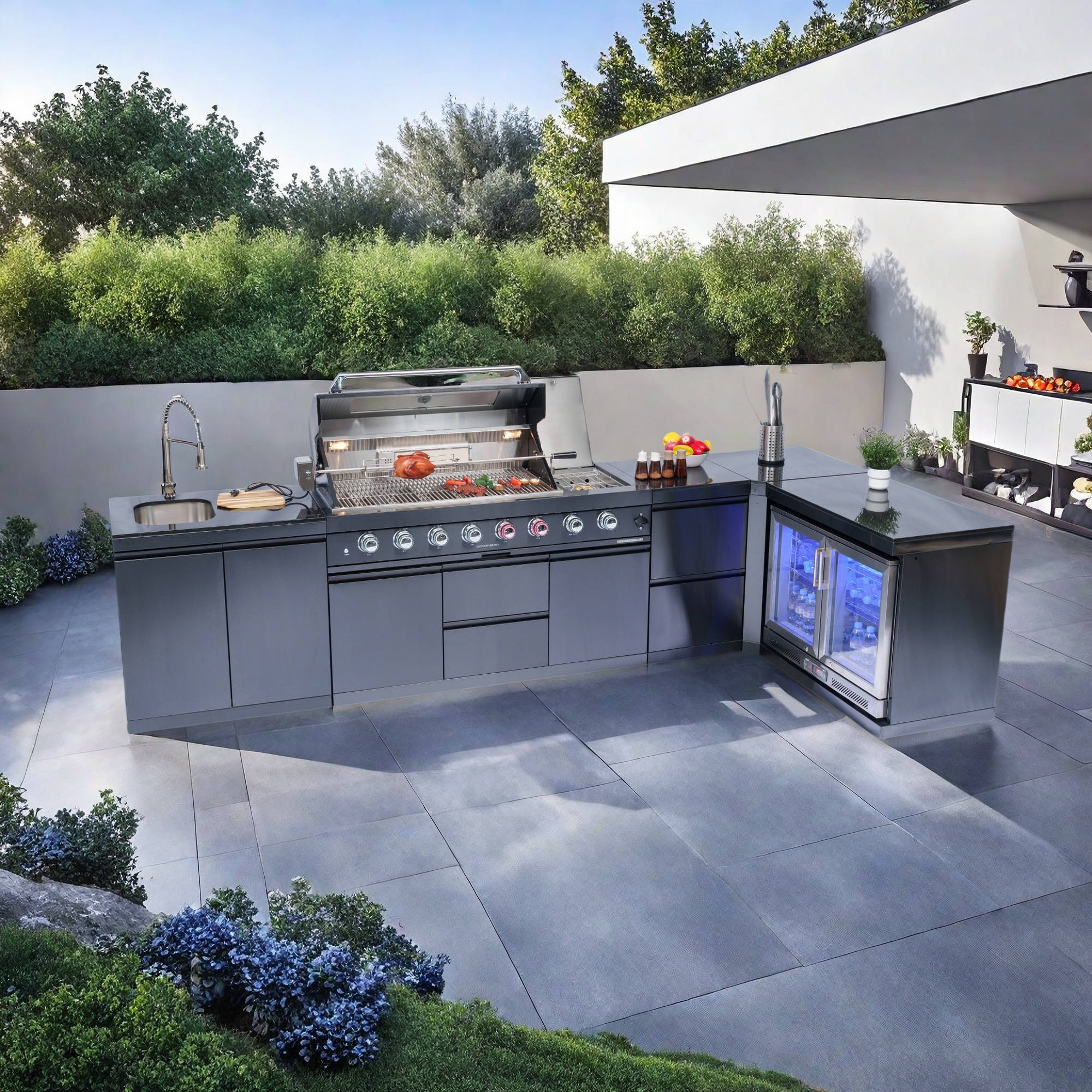 157-inch island with: 62-Inch 6-Burner 96000 BTU Deluxe Stainless Steel Gas Outdoor Kitchen Bar Barbecue Island Grill + Wine Cooler Compact Refrigerator + Rotisserie + Granite Countertops + Storage Cabinets & Drawers