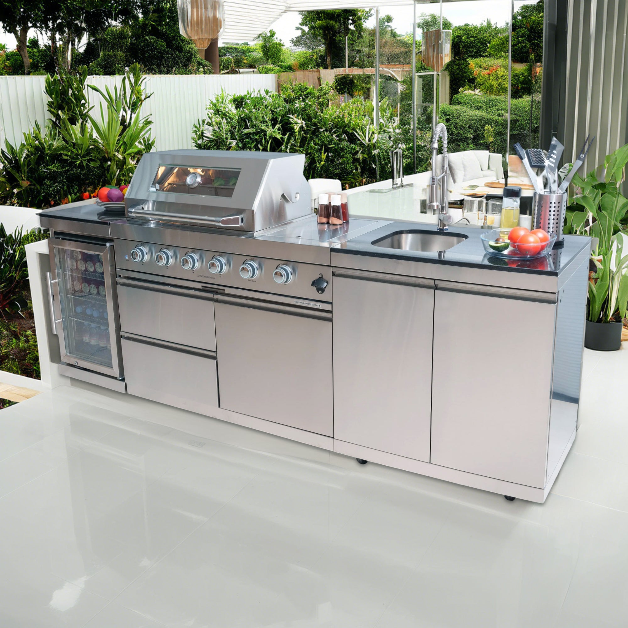 98-inch island with 46-Inch 4-Burner 72000 BTU Deluxe Stainless Steel Gas Outdoor Kitchen Bar Barbecue Island Grill + Wine Cooler Compact Refrigerator + Rotisserie + Granite Countertops + Storage Cabinets & Drawers