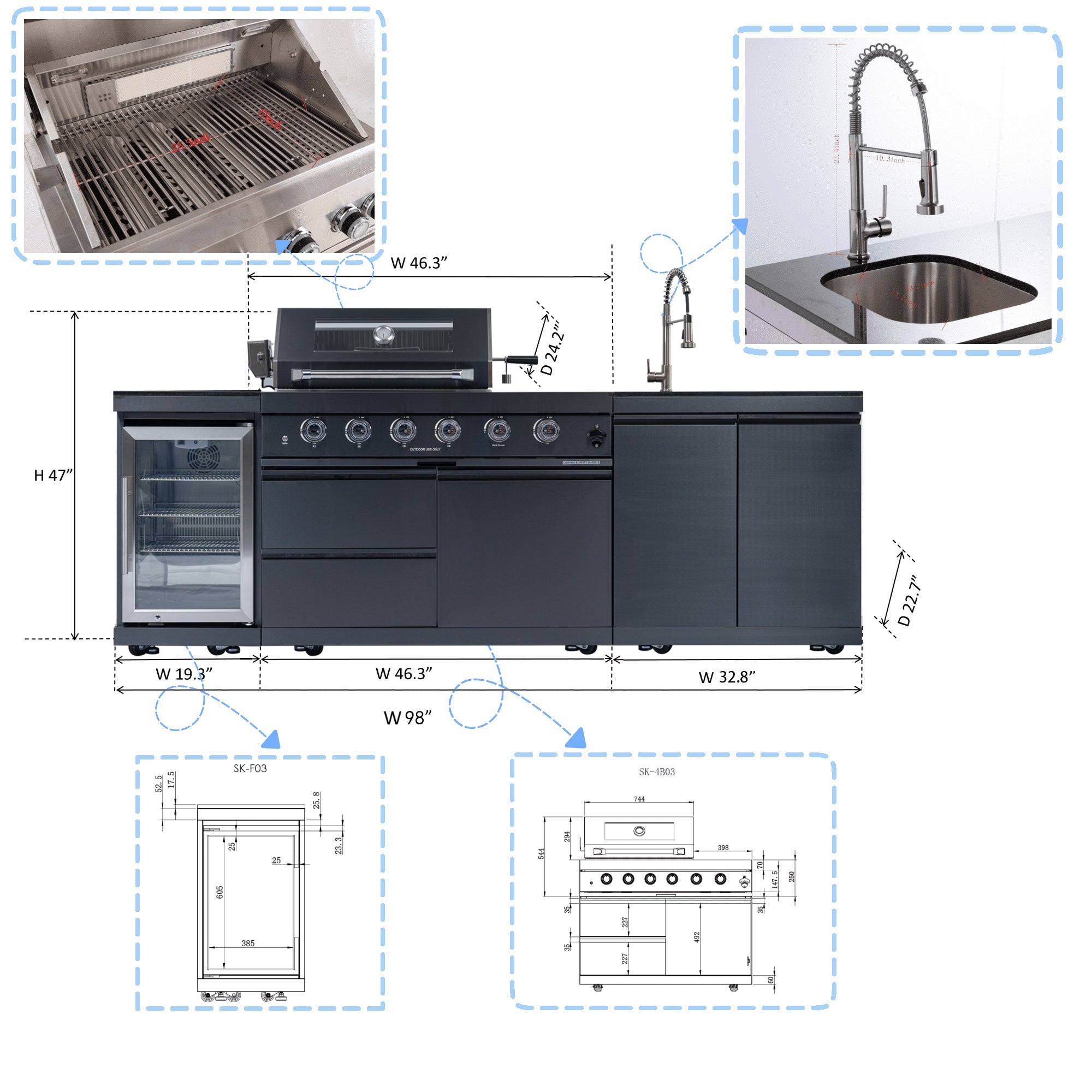 98-inch island with: 46-Inch 4-Burner 72000 BTU Deluxe Stainless Steel Gas Outdoor Kitchen Bar Barbecue Island Grill + Wine Cooler Compact Refrigerator + Rotisserie kit + Granite Countertops + Stainless steel Sink